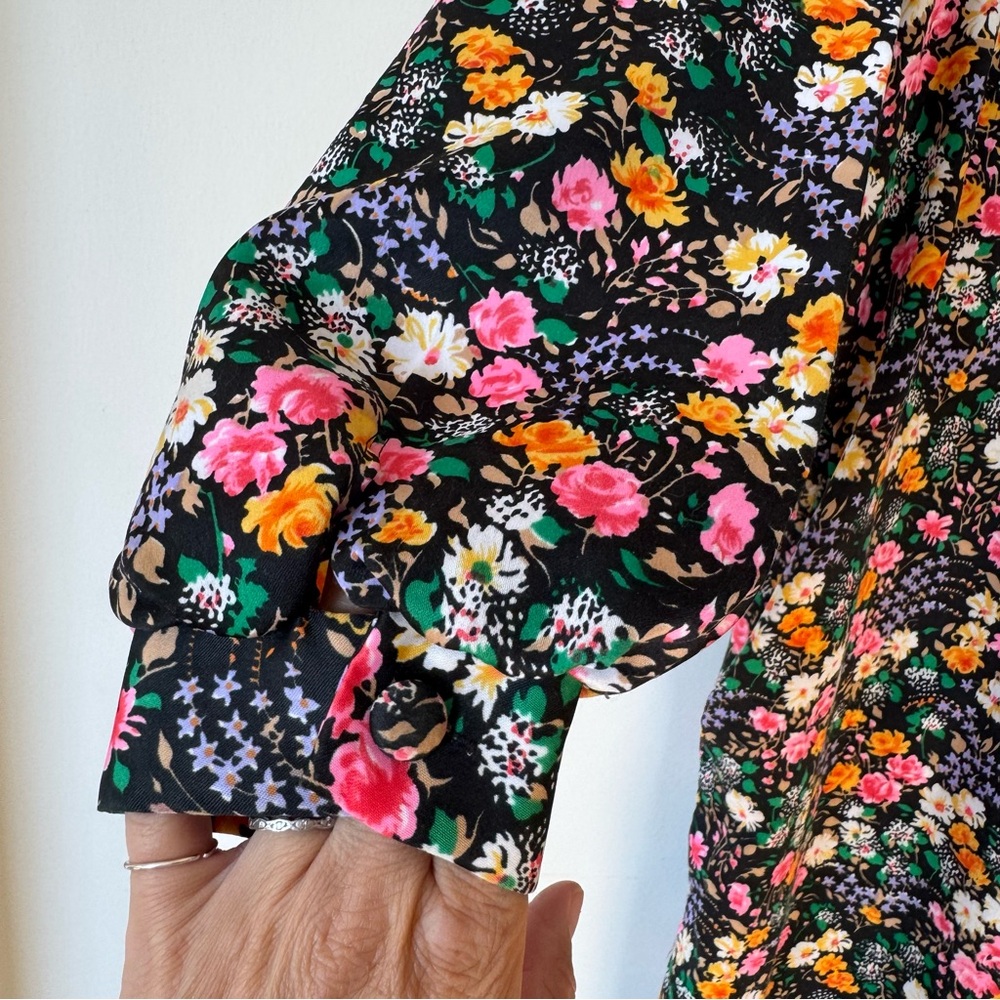 Vintage 70s Atkins Black Floral House coat Dress Muumuu Maxi Dress Pockets M - Picture 7 of 10